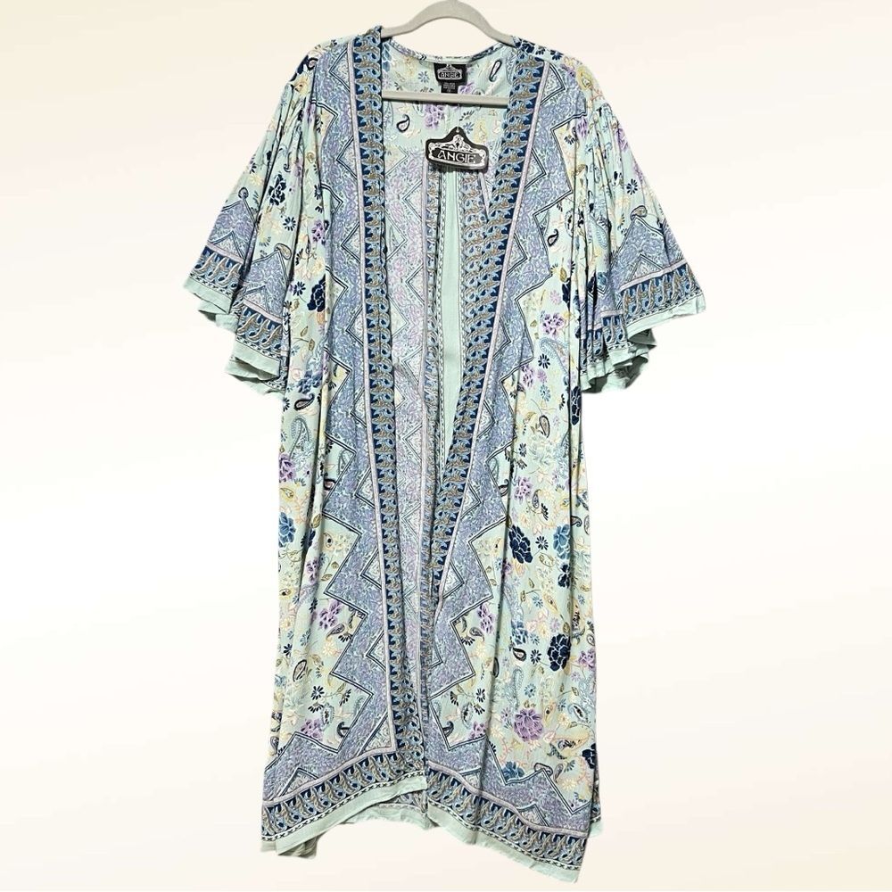 Angie Flutter Sleeve Duster Kimono NWT Size 1X Blue Scarf Print Boho Relaxed Fit